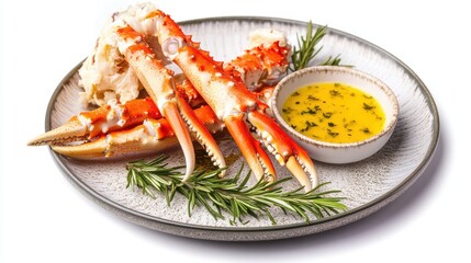 fine dining gourmet seafood Delicious crab legs served with a flavorful dipping sauce and garnished with herbs.