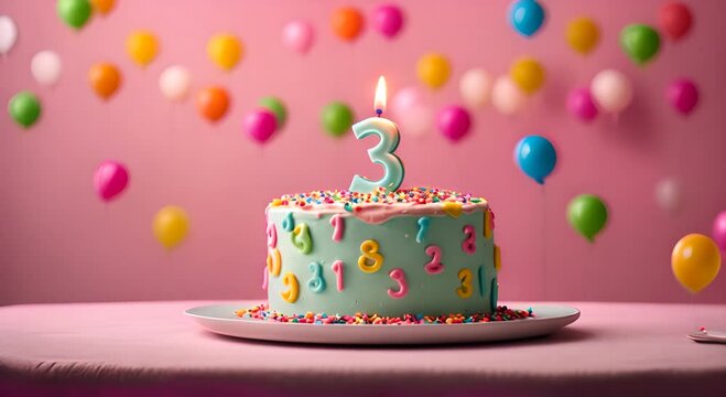 3rd birthday celebration cake, with candles in the shape of the number 3