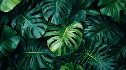 Tropical leaf wallpaper featuring luxurious monstera leaves and banana fronds, nature-inspired pattern design with vibrant greens and soft textures 