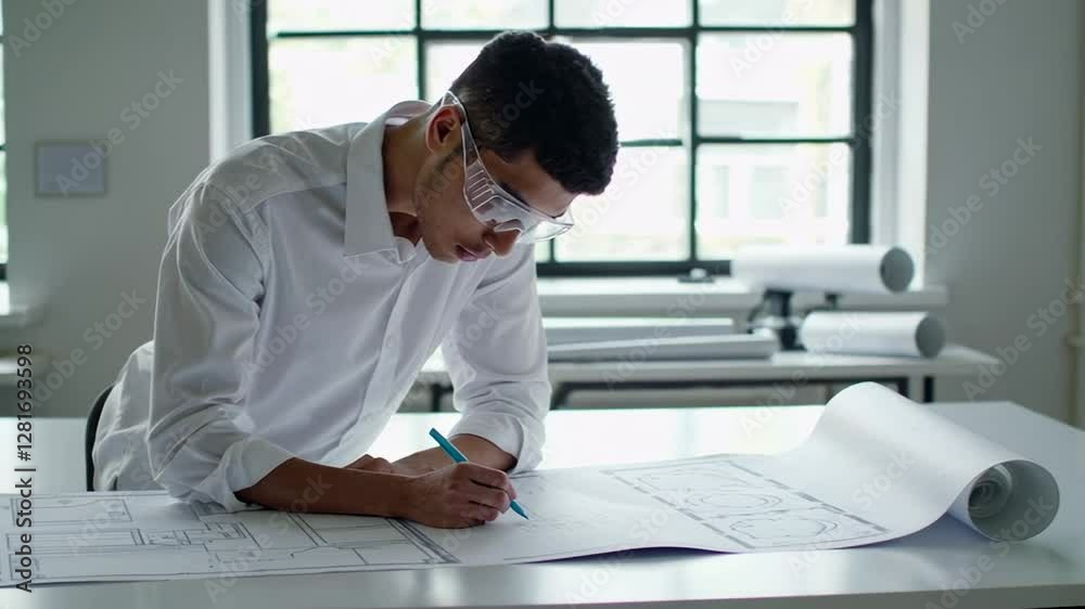 Poster engineer wearing protective safety glasses meticulously drawing technical blueprints while working a