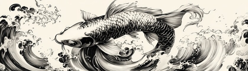 Obraz premium Faintly inked koi fish gliding through swirling Japanese waves, symbolizing flow and perseverance