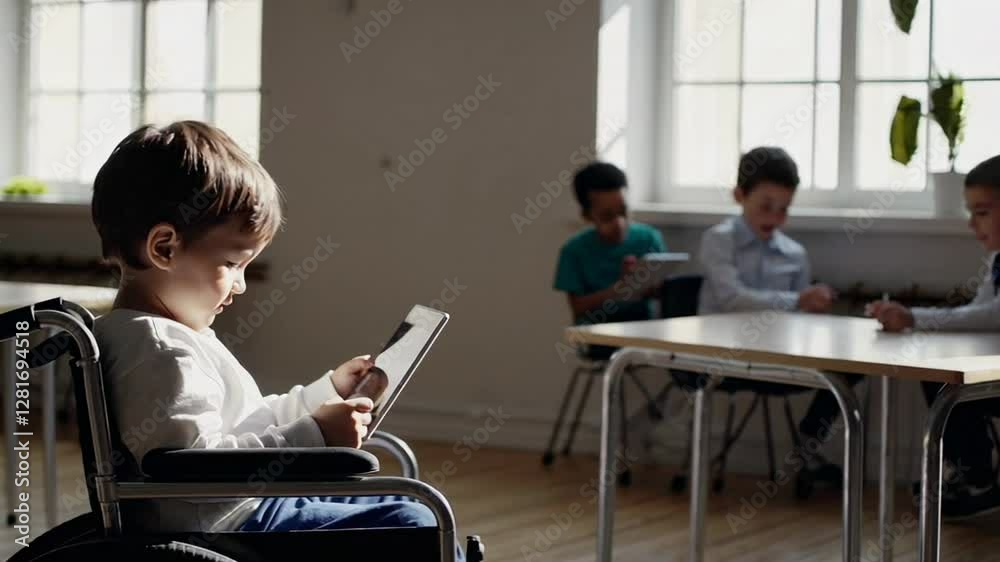 Poster preschool student using digital tablet in wheelchair, demonstrating educational accessibility and te
