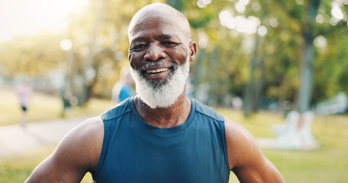 Portrait, senior and black man with fitness outdoor of running exercise, training and morning routine. Smile, elderly person and runner with cardio workout, wellness practice and pride for retirement