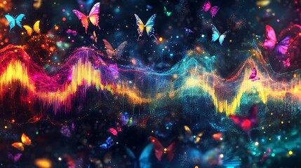 Obraz premium Vibrant Butterflies Dance Amidst a Colorful Data Wave