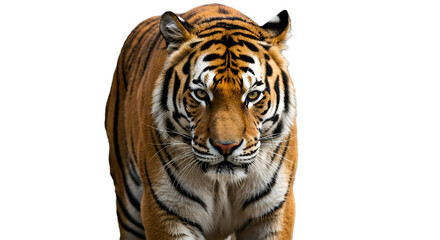 Obraz premium A powerful Bengal tiger walking toward the camera with intense eyes and beautifully detailed orange and black striped fur. high-quality transparent PNG image