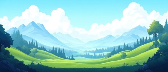 Serene Valley Vista with Rolling Hills Evergreen Forest and Distant Mountains Under a Clear Sky Animated Style Landscape Capturing Tranquility and Natural Beauty