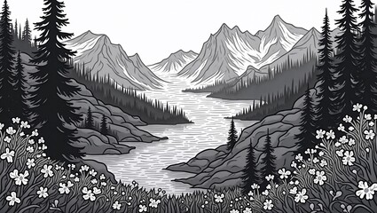 Black and white landscape with mountains and river