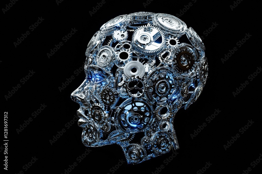 Poster human head contour filled with interlocking gears symbolizes the essence of artificial intelligence 