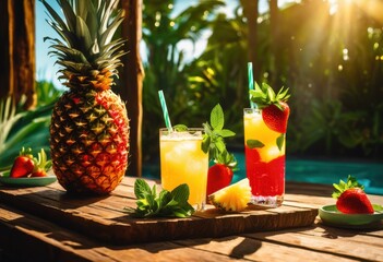 vibrant tropical drink setup featuring bright fresh sunlit textures captivating summer vibe, beverage, cocktail, refreshment, fruity, colors, ice, garnishes