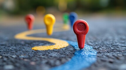Colorful markers on path, park background