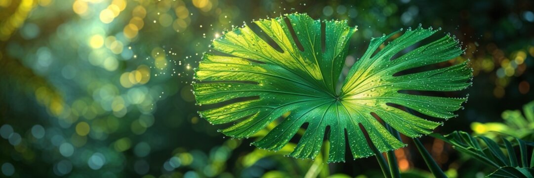 Vibrant green tropical pland leaf leaves with water droplets dripping