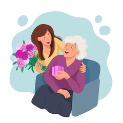 Adult daughter gifts elderly mother flowers and gift on Mother's Day. Vector illustration