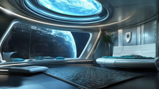 Futuristic Spaceship Bedroom with Earth View Sci Fi Interior Design Concept