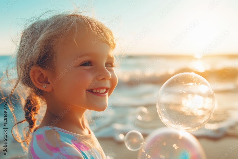 Poster child joyfully playing with bubbles at the beach during sunset with ocean waves in the background. g