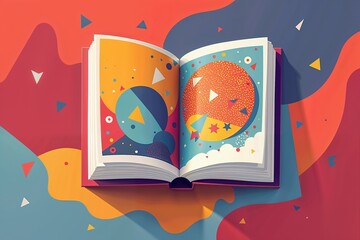 Geometric illustration of a book with triangular and circular patterns for World Book Day