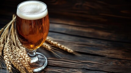 Glass of amber beer with frothy foam beside wheat on a dark rustic wooden surface, creating a cozy brewery setting. Ideal for Oktoberfest, pubs, menus, breweries, and beer-related branding