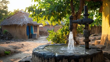 Water Well in Rural Village Landscape
