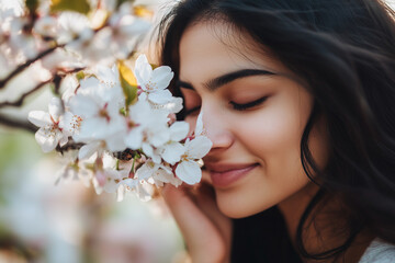 Naklejka premium Radiant face surrounded by flowers. Concept of joy, nature, and well-being.