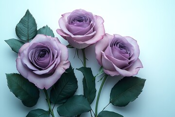 Three elegant purple roses with dark green leaves isolated against a pale background Soft romantic and serene floral composition