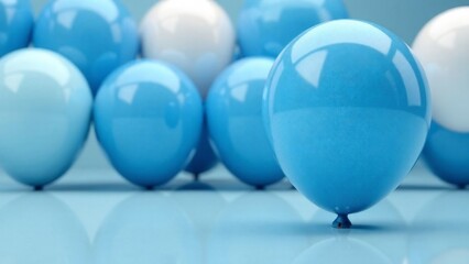 A bunch of blue and white balloons are arranged in a row. The blue balloons are the majority of the bunch, with only a few white ones scattered throughout