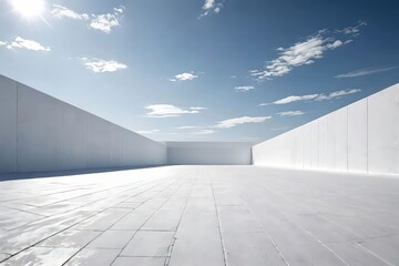 Expansive White Courtyard Under Clear Blue Sky with Soft Clouds
