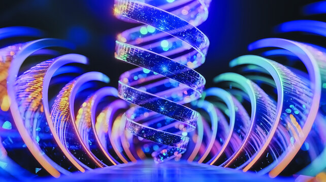 Futuristic 3D illustration of glowing DNA double helix structure surrounded by curved neon lines and particles, vibrant biotechnology concept in rainbow colors on dark background, digital science art