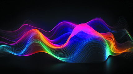 Abstract 3D landscape of glowing neon wave lines in vibrant purple, pink, blue and green tones on dark background, futuristic digital terrain with curved light paths and dynamic energy flow