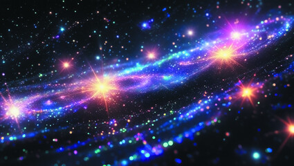 Fototapeta premium Glowing spiral galaxy of colorful light particles and stars on dark background, abstract digital illustration with sparkling swirls in blue, purple and gold tones, cosmic energy and fantasy atmosphere