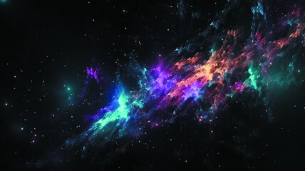 Colorful cloud of powder explosion in rainbow tones on black background, abstract burst of multicolor dust with glowing particles and smoke effect, vibrant digital composition for creative design