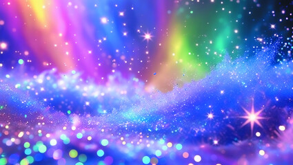 Obraz premium Colorful neon light waves with sparkling particles on dark background, abstract composition with glowing energy trails in pink, blue, purple and white tones, fantasy cosmic effect with glitter dust.