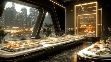 Fototapeta premium Futuristic buffet overlooking city lights