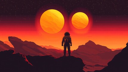 Fototapeta premium Astronaut Silhouette on Alien Planet Sunset Landscape with Two Suns Space Exploration Red Planet
