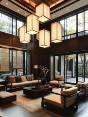 Naklejka premium The elegant space features a cozy modern Asian living room