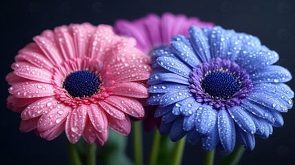 Dewy gerbera daisies, dark background, close-up, floral greeting card