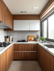 Fototapeta premium Modern Kitchen with wooden cabinetry showcasing minimalist design elements