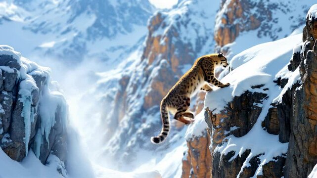 Snow Leopard's Majestic Leap, Captivating Movement in Snowy Mountain Landscape
