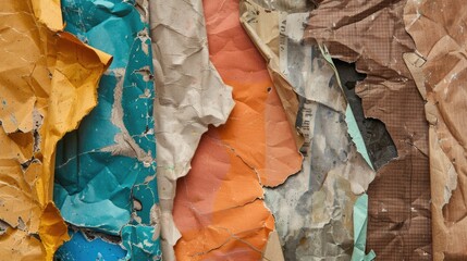 Naklejka premium Old torn paper striped layers on grunge wall with peeling colorful posters abstract texture background