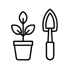 set of gardening tools and plants