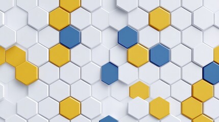 Abstract Hexagonal Pattern with Yellow and Blue Accents on White Background
