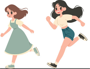 Two cartoon style girls joyfully running, dressed in casual and summery outfits, embodying energy and happiness, perfect for themes of friendship, play, and carefree outdoor activities