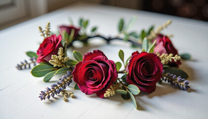 Red roses and greenery in a beautiful floral crown for romantic occasions