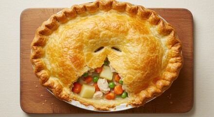 Delicious Homemade Chicken Pot Pie with Golden Crust on Wooden Board