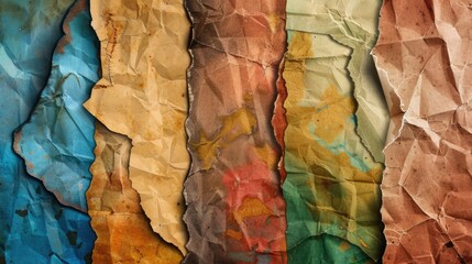 Old torn paper striped layers on grunge wall with peeling colorful posters abstract texture background