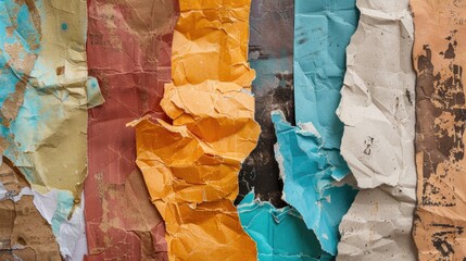 Old torn paper striped layers on grunge wall with peeling colorful posters abstract texture background