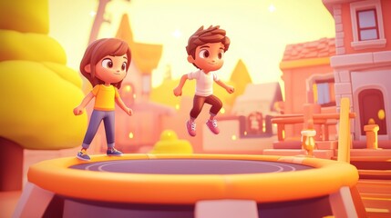 A white teen attempting a backflip on a trampoline Pastel colored 3D cartoon style illustration.