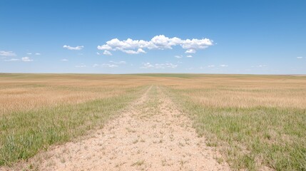 Obraz premium Empty dirt road through a golden field under a clear blue sky. Possible use Stock photo