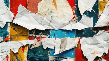 Naklejka premium Old torn paper striped layers on grunge wall with peeling colorful posters abstract texture background