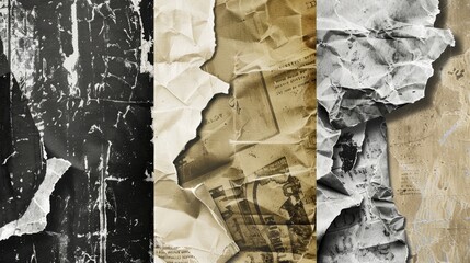 Close up of old weathered wall with torn and peeling vintage newspaper layers texture background
