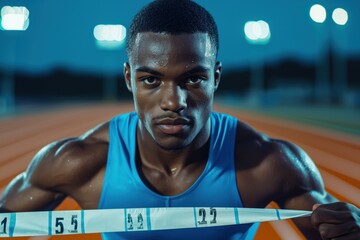 Male sprinter in electric blue uniform breaks finish line tape under stadium lights after an intense race at night
