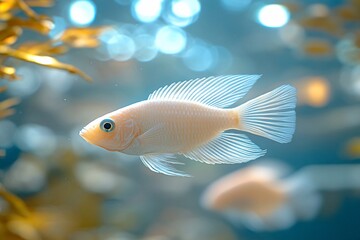 Pale fish swimming in aquarium with kelp